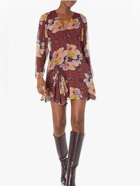 Joie Odilia Floral Oxblood Long Sleeve A-line Silk Dress Multi Lined V Neck Boho